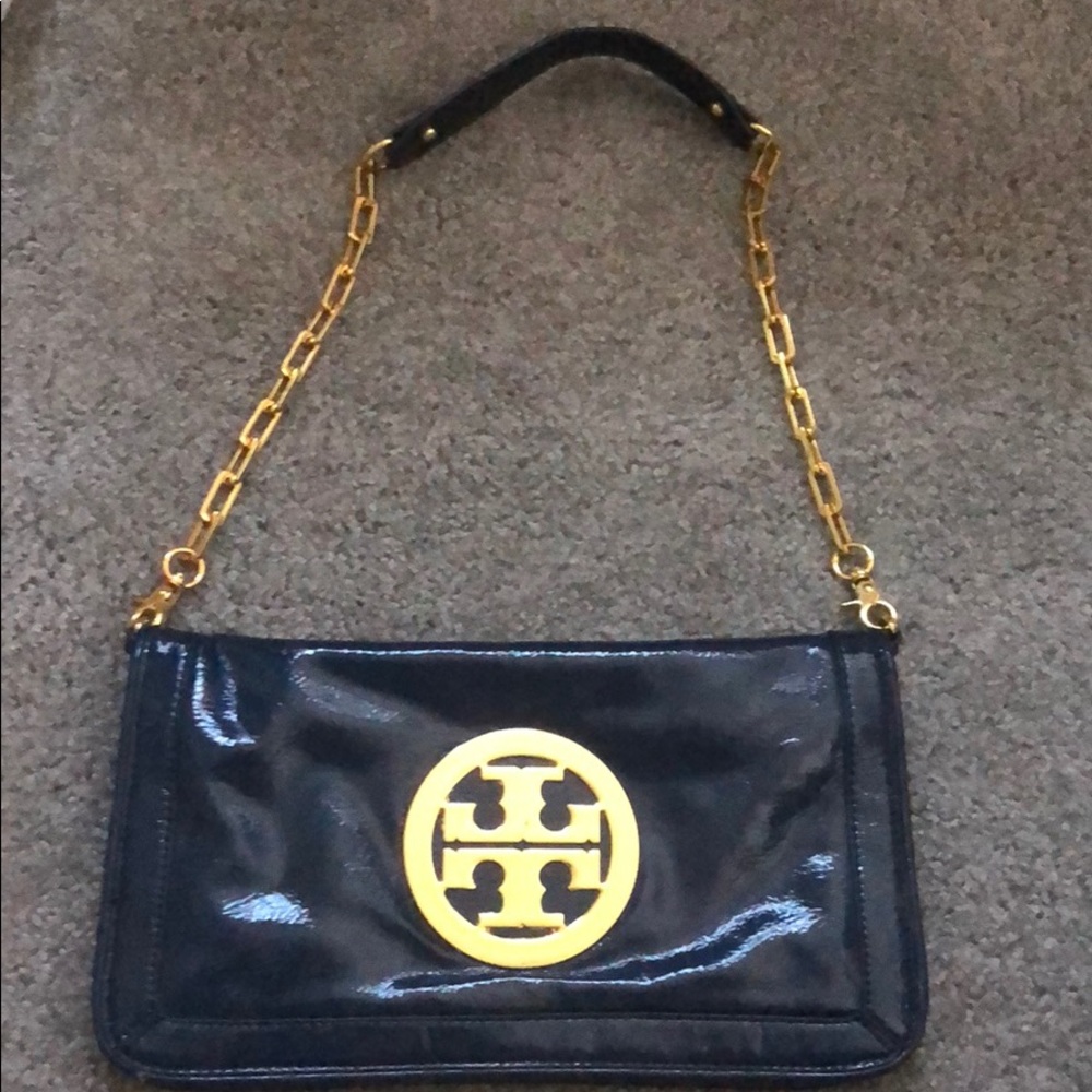 Navy Patent Leather Clutch with Logo